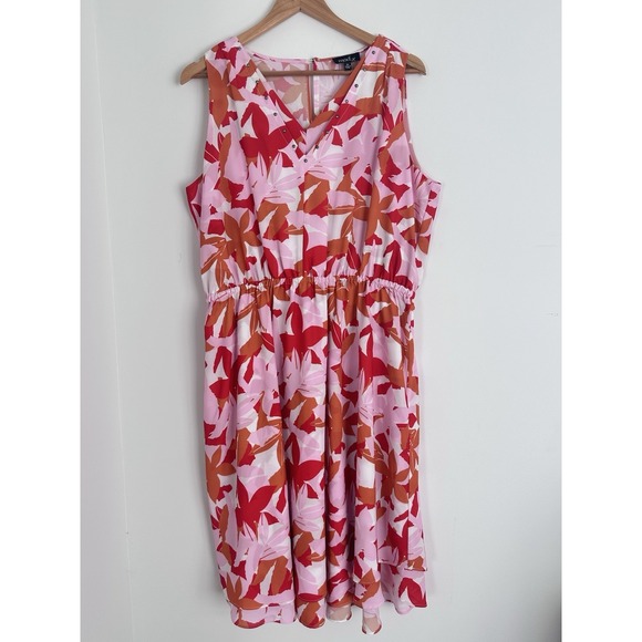 ModX Womens XL Floral Pink Orange Studded V-Neck Sleeveless Dress - Picture 1 of 6